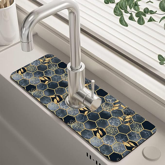 Kitchen Sink Splash Hexagon Marble and Golden Leaves Guard Faucet Mat Super