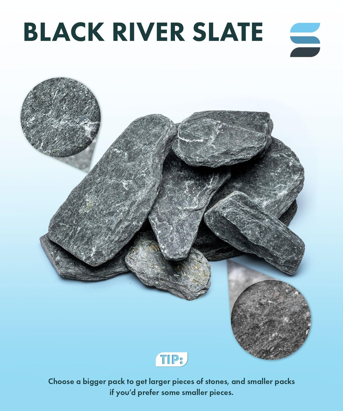 Natural Slate Stone for Aquariums, Fish Tanks, Terrariums, Aquascaping and Amphibian Enclosures, Mix of Large and Medium Size Rocks - by SubstateSource (5 Pounds, Black River)