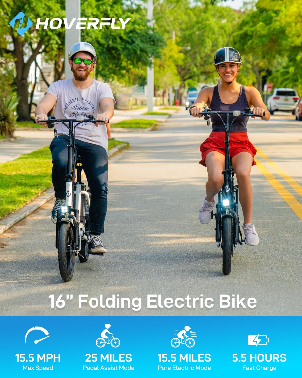 Hoverfly H3 16" Electric Bike, Max 28Miles Range(Pedal-Assist) & Speed 15.5 Mph Power by 500W Peak Motor, Folding E-Bike with Removable Battery, Front Suspension, Commuter Electric Bicycle Adults