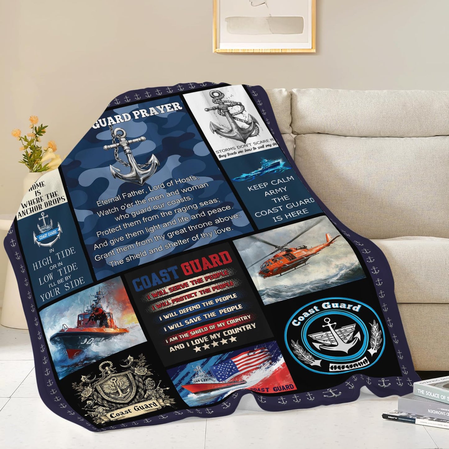 Coast Guard Blanket Soft Fuzzy Fleece Navy Coastal Anchor Blankets Decor Cozy Warm Plush Flannel Blanket Gifts for Men Women Boys Girls Home Chair Sofa Couch Bed 50"X40"