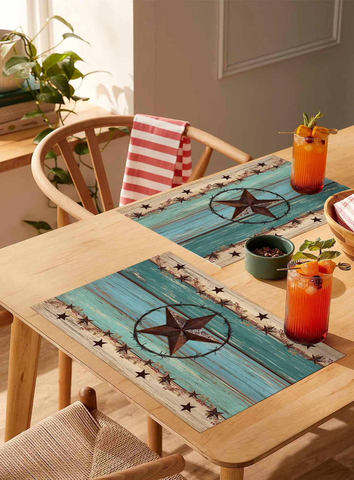 Western Texas Star Placemats Set of 6 Retro Turquoise Wooden Rustic Farmhouse 13x19 Inch Washable Non Slip Linen Table Mats, Rustic Summer Placemats for Dining Table Party Kitchen Decor