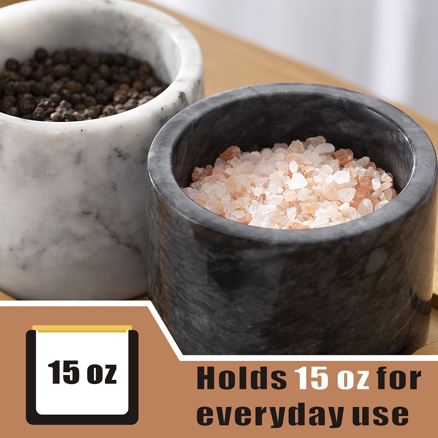 NHKRTE Marble Salt Cellar with Lid & Spoon, 11oz Salt and Pepper bowls, Handcrafted from Natural Marble, Smooth Inside (White)