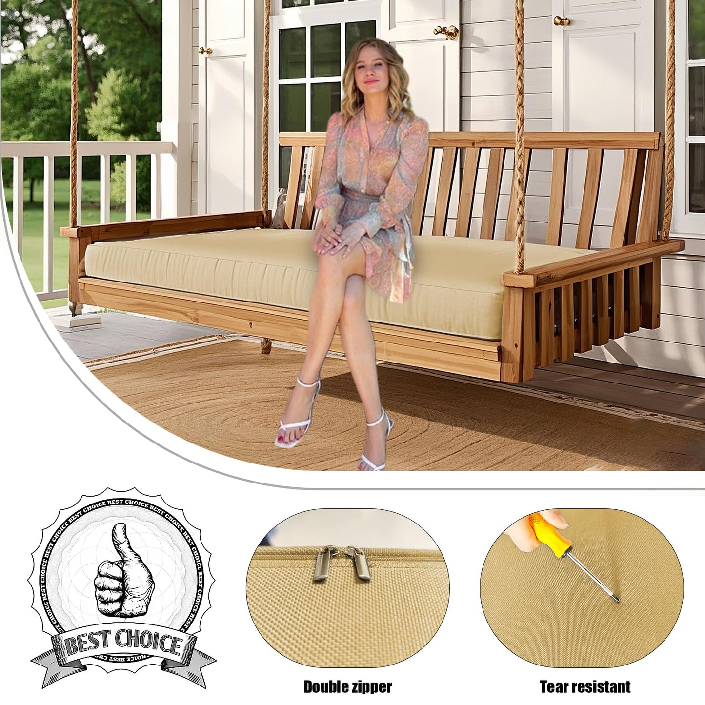 Olefin Twin Outdoor Porch Swing Bed Mattress Cover Waterproof, Twin Size Patio Daybed Cushion Covers Fitted Sheet Slipcover with Zipper, Only Cover (Beige, 75 * 39 * 6IN)
