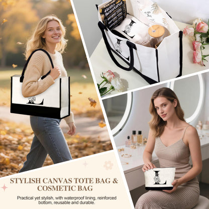 Lepiche Birthday Gifts for Women, Monogrammed Initial Gift for Teacher Wife Mom, Tote Bag,Glass Cup Gift Basket Personalized Christmas Mother's Teacher Appreciation Day,L