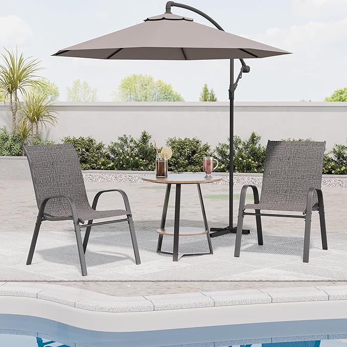 Patio Chairs Set of 2, Outdoor Dining Chairs Stackable for All Weather, Breathable Metal Modern Outside Furniture Chair for Pool Side, Garden, Backyard Deck, Dark Grey