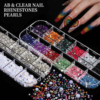 FANDAMEI Nail Charms, Nail Rhinestones Kit with 8 Boxes of Nail Gems, 3D Charms for Nails, Colorful Clear Flatback Rhinestones, Multi Shape Pearls Jewels Crystals for Craft