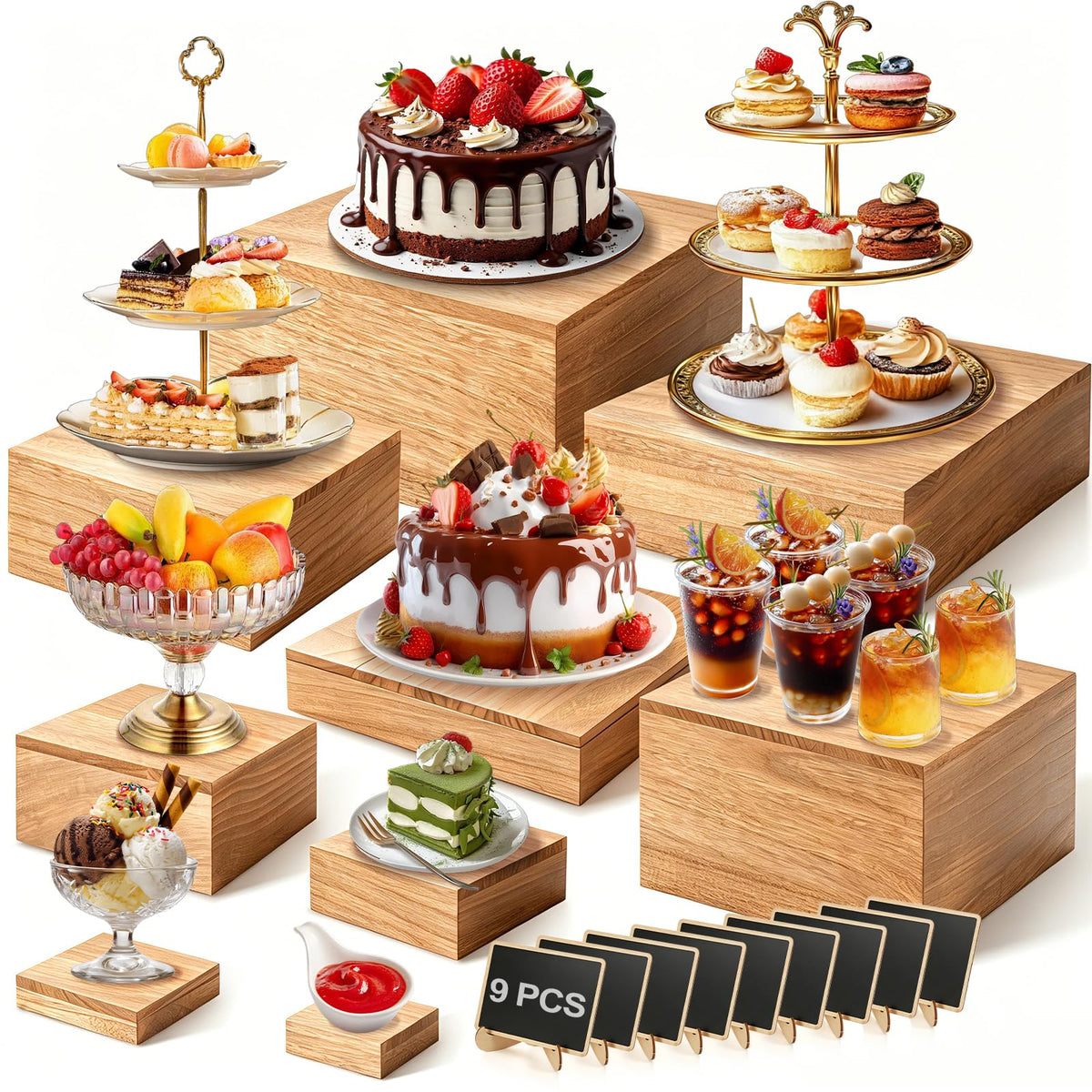 Gleom 9 Pcs Extra Large 12" Wooden Buffet Risers Set with Mini Sign Food Risers for Buffet Table Multi Size Cake Display Stands for Party Wedding Dessert Jewelry Home Decor