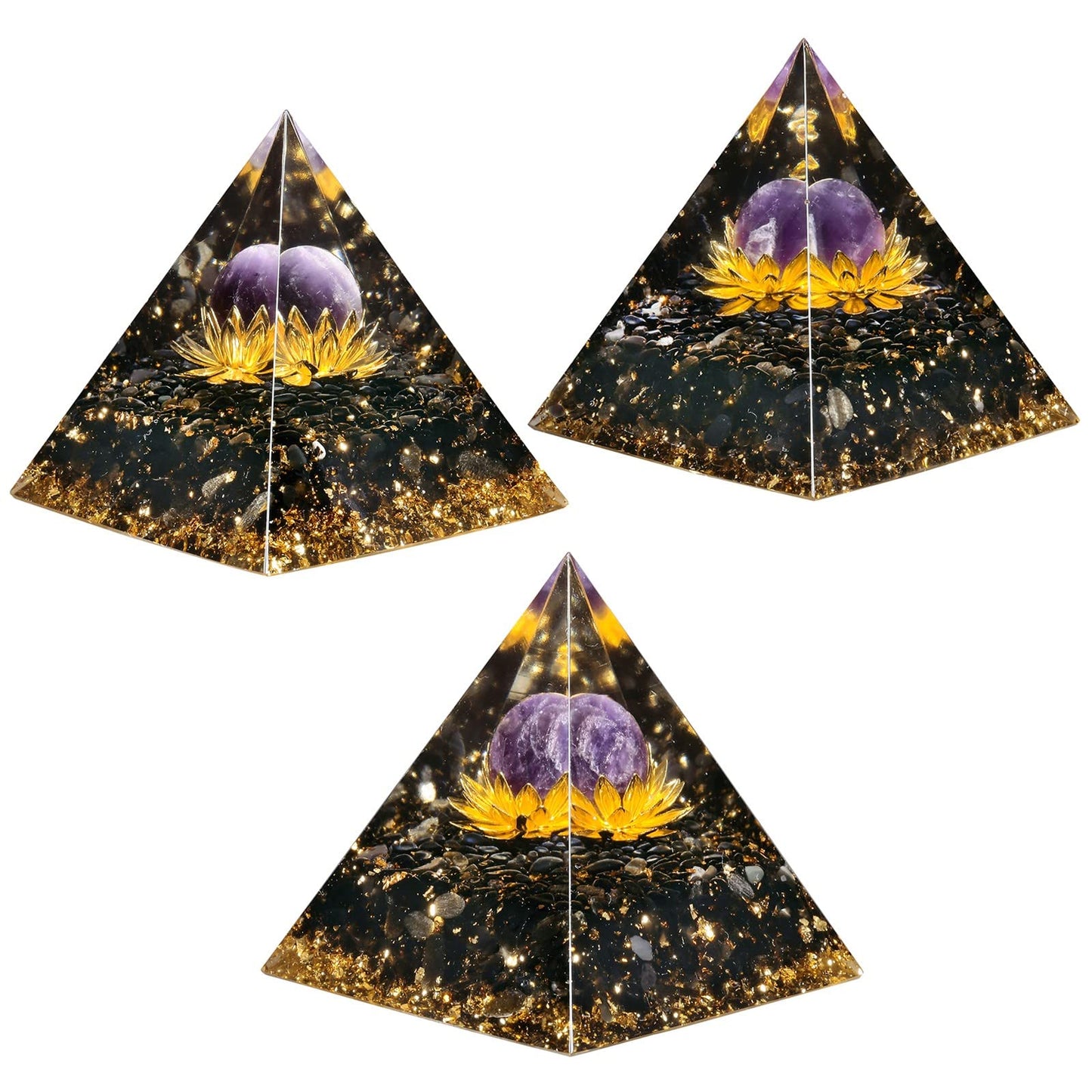 SUNYIK Crystal Sphere Orgone Pyramid with Black Obsidian Tumbled Stones and Golded Lotus Base Energy Generator for Meditation Office Home Decoration, Amethyst Crystal Stone