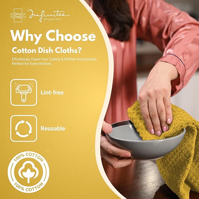 Infinitee Xclusives Premium Dish Cloth 100% Cotton 12 x 12 Inches |Pack of