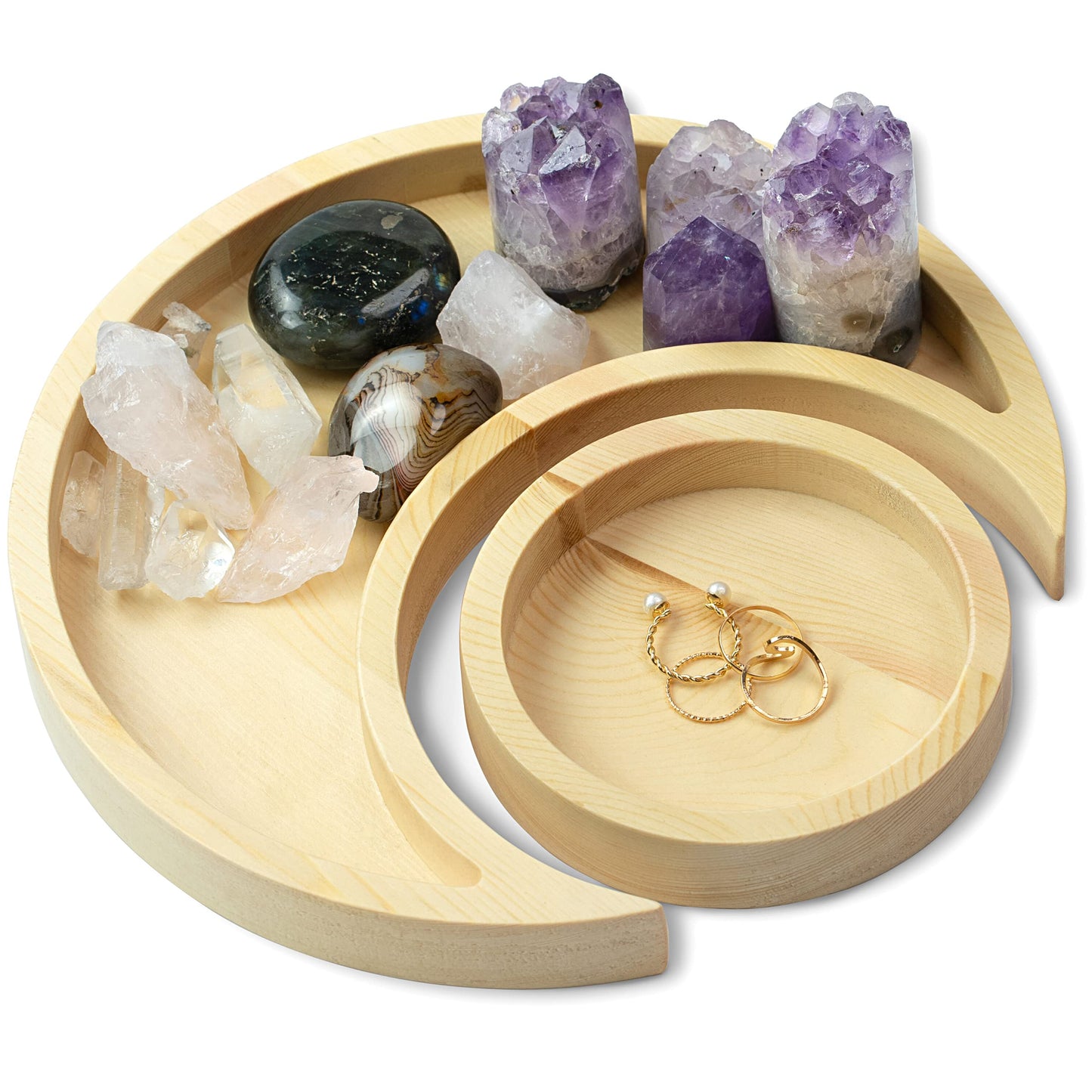 Natural Pine Wood Moon Crystal Display Tray with Dish - Wooden Altar Tray 9.6" x 4.2" for Crystals and Stones Storage - Solid Wood Jewelry Organizer - Bohemian Spiritual Decor