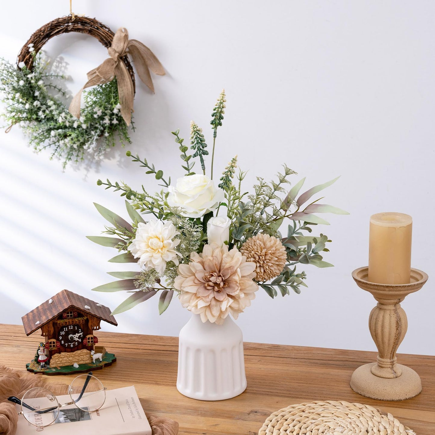 Fake Flowers in Vase, Artificial Flowers with Vase, 15.7'' Floral Arrangements for Dining Table Centerpiece Decor, Silk Roses & Faux Dahlia Bouquet for Farmfouse Kitchen Coffee Table Decor (Brown)