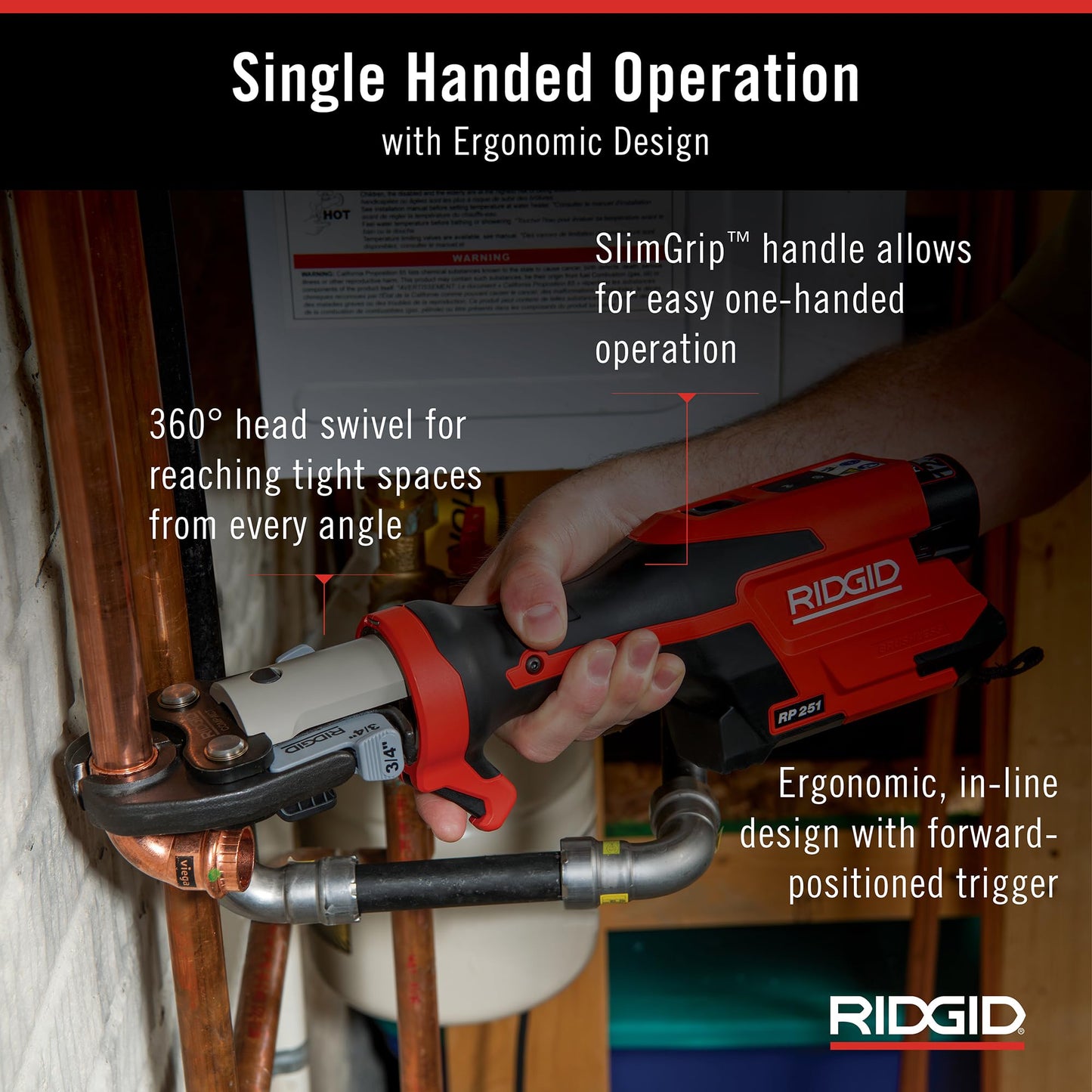 RIDGID 78238 RP 251 Compact Press Tool with RLS Jaws (1/4" to 1-3/8"), In-Line Pressing Tool for Copper, Stainless Steel, PEX, and Carbon Steel