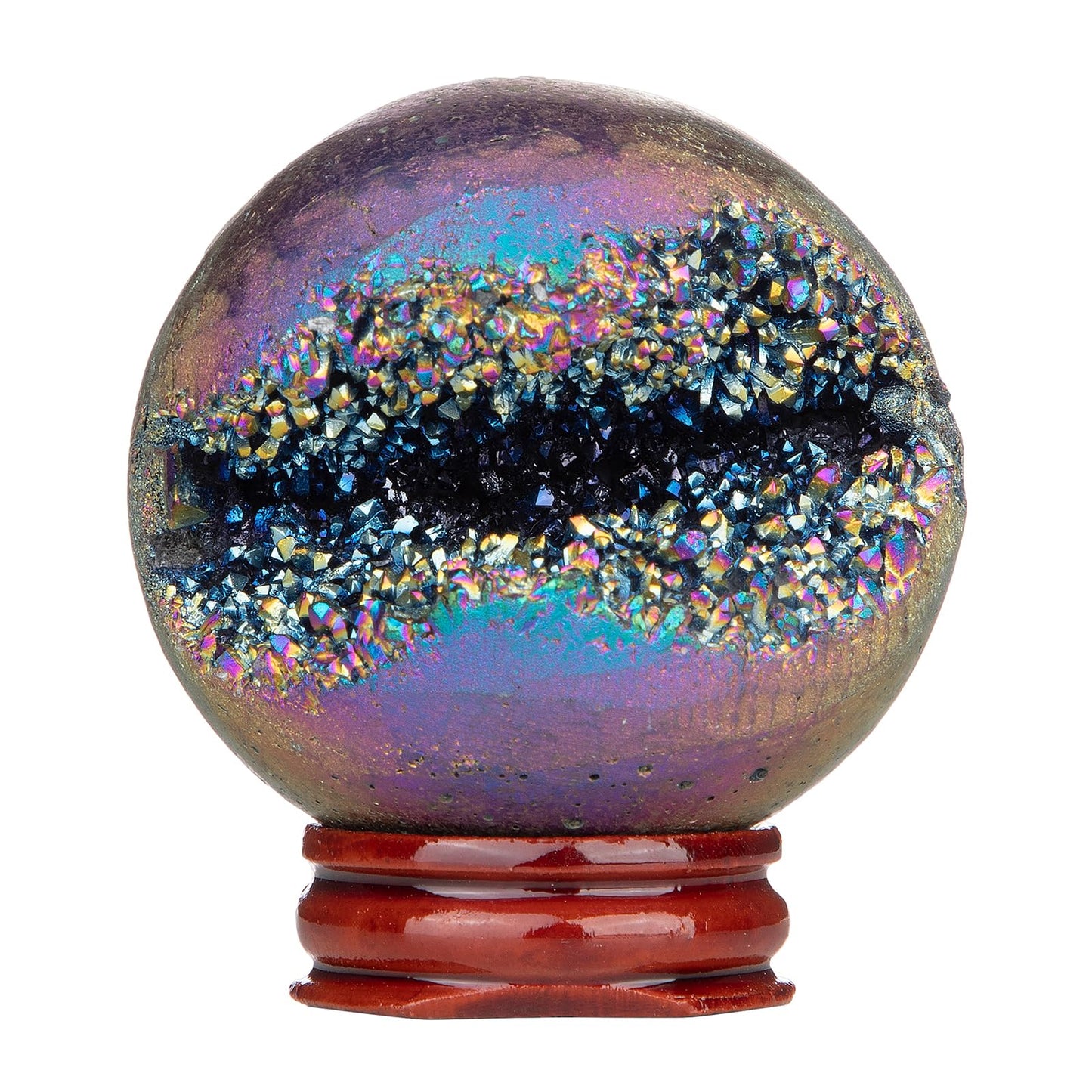 Nupuyai 51-60mm Rainbow Natural Titanium Coated Crystal Ball with Wood Stand, Opening Geode Cluster Stone Sphere Orb Specimen Energy Cave for Home Decoration Feng Shui Divination