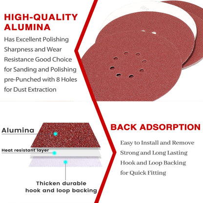STEBRUAM 225 mm Sanding Discs 120 Grit, 30 Pieces Orbital Sander Discs 9 inch 225 mm large Hook and Loop Sanding Discs 8 Holes Round Sandpaper Sheet for Grinding Giraffe, Drywall Sander Sanding Pads