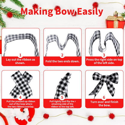 MuRealy Wreath Ribbon Assortment (4 Rolls x 20 Yards) - 2.5 Inch Wired Polyester | Black Stripes, Classic Plaid & Dots - Shedding-Free for Crafts, Gifts, Holiday Decor