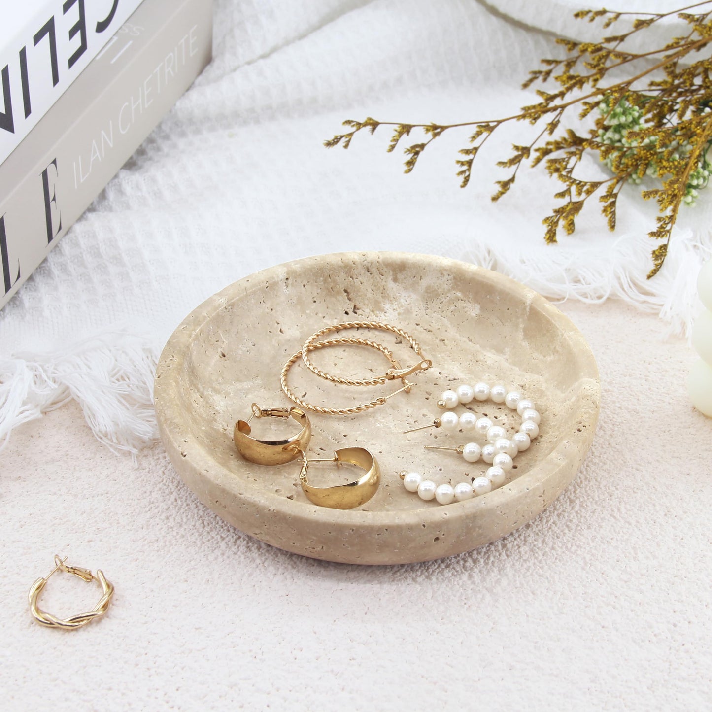 Small Natural Marble Jewelry Tray Key Plate Holder Dish Trinket Decor Catch All Bowl for Ring Earring Stone Gift for Women Daugther,Beige Travertine，5.5"