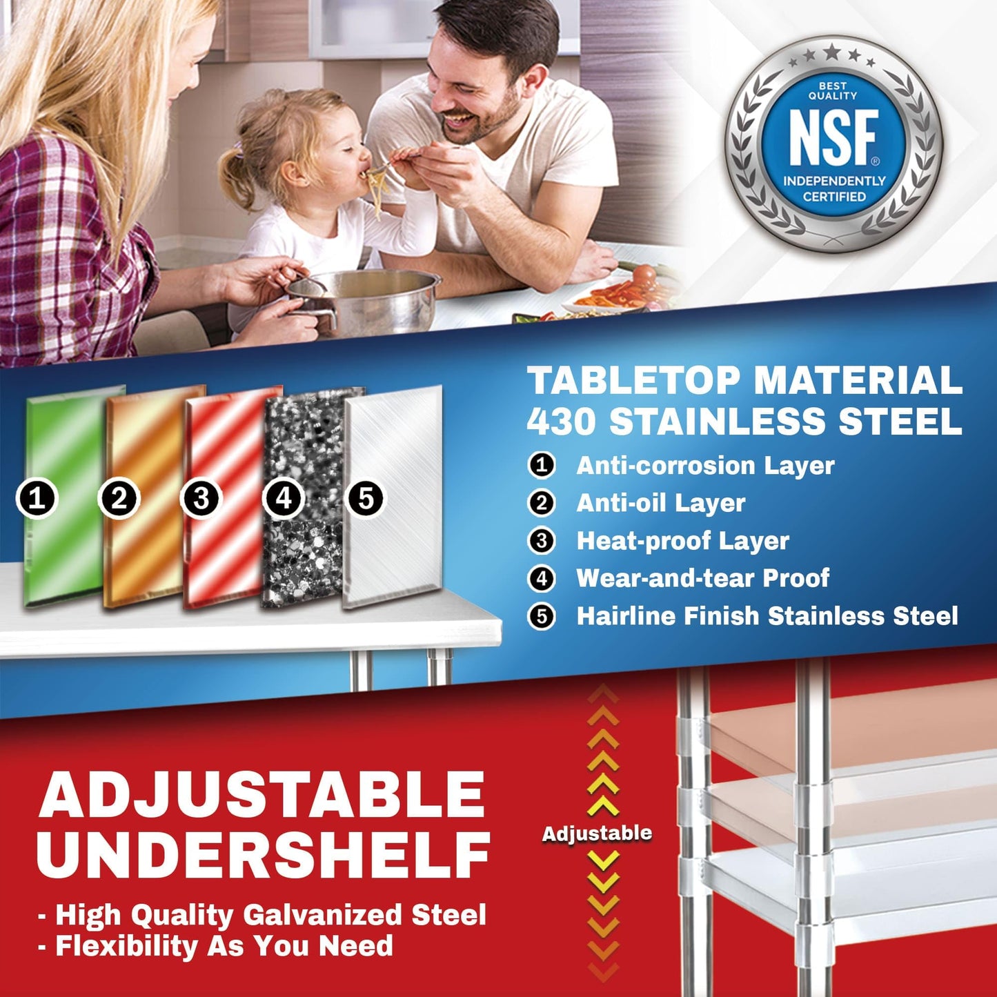 DuraSteel Food Prep Stainless Steel Table - 30 x 72 Inch Commercial Metal Workbench with Adjustable Under Shelf - NSF Certified - for Restaurant, Warehouse, Home, Kitchen, Garage