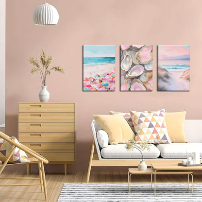 Preppy Coastal Canvas Wall Art Set of 3, Trendy Pink Beach Wall Decor Paintings, Summer Beachy Shells Oyster Aesthetic Posters Prints Pictures for Girls Room Dorm Bathroom Bedroom 16x24 Inch Framed