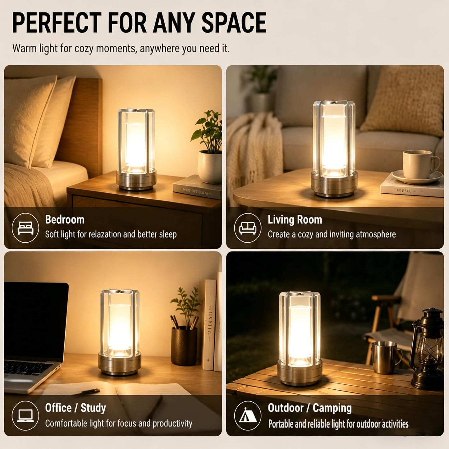 Candico Rechargeable Crystal Table Lamp, 3-Color Touch LED, Silver