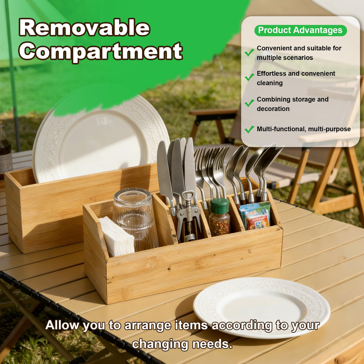 Large Kitchen Utensil Holder Caddy, 6 Compartments Wooden Utensils Organizer for Cooking Utensils, Silverware, Paper Plate, Spoon, Fork, Cutlery Storage on Kitchen Countertop for Party Hosting