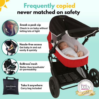 SnoozeShade Original 0-6m Pram and Buggy Sun Shade Blackout Cover Blocks 99% UV UPF 50 Baby Sleep Aid Better Than Breathable Mesh Canopy for Carrycot and Pushchair