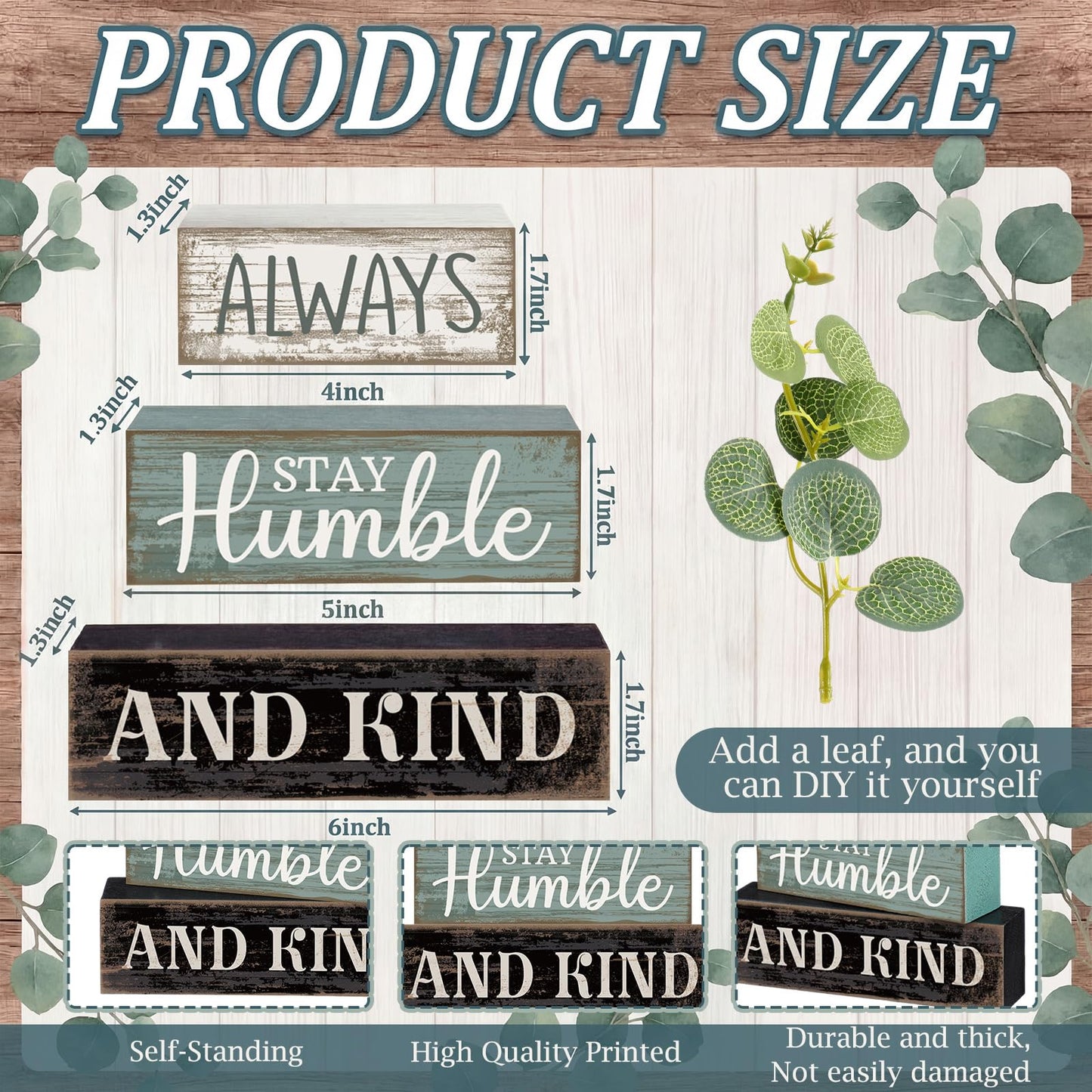 Lineshading 4 Pcs Inspirational Farmhouse Table Decor Always Stay Humble and Kind Stacked Wooden Block Signs with Inspirational Quote Eucalyptus Leaves for Home, Living Room, Shelf Housewarming Gift