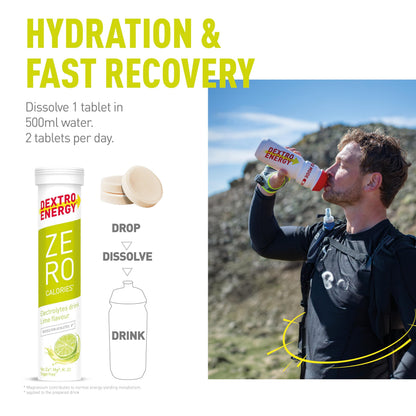 Dextro Energy Zero Calories I Recovery and Hydration Electrolyte Drink I Zero Effervescent Tablets I Lime | 3 Tubes, 60 Tablets |