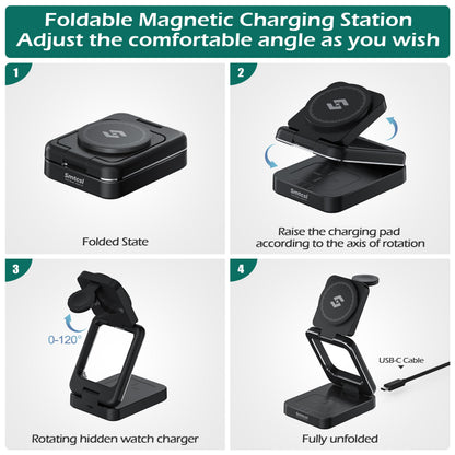Smtcsl 3-in-1 Foldable Wireless Charging Station: Magnetic Charger Pad Compatible with Phone air 17 16 15 14 13 12 Series/Watch/Air Pods - Portable Folding Stand for Travel