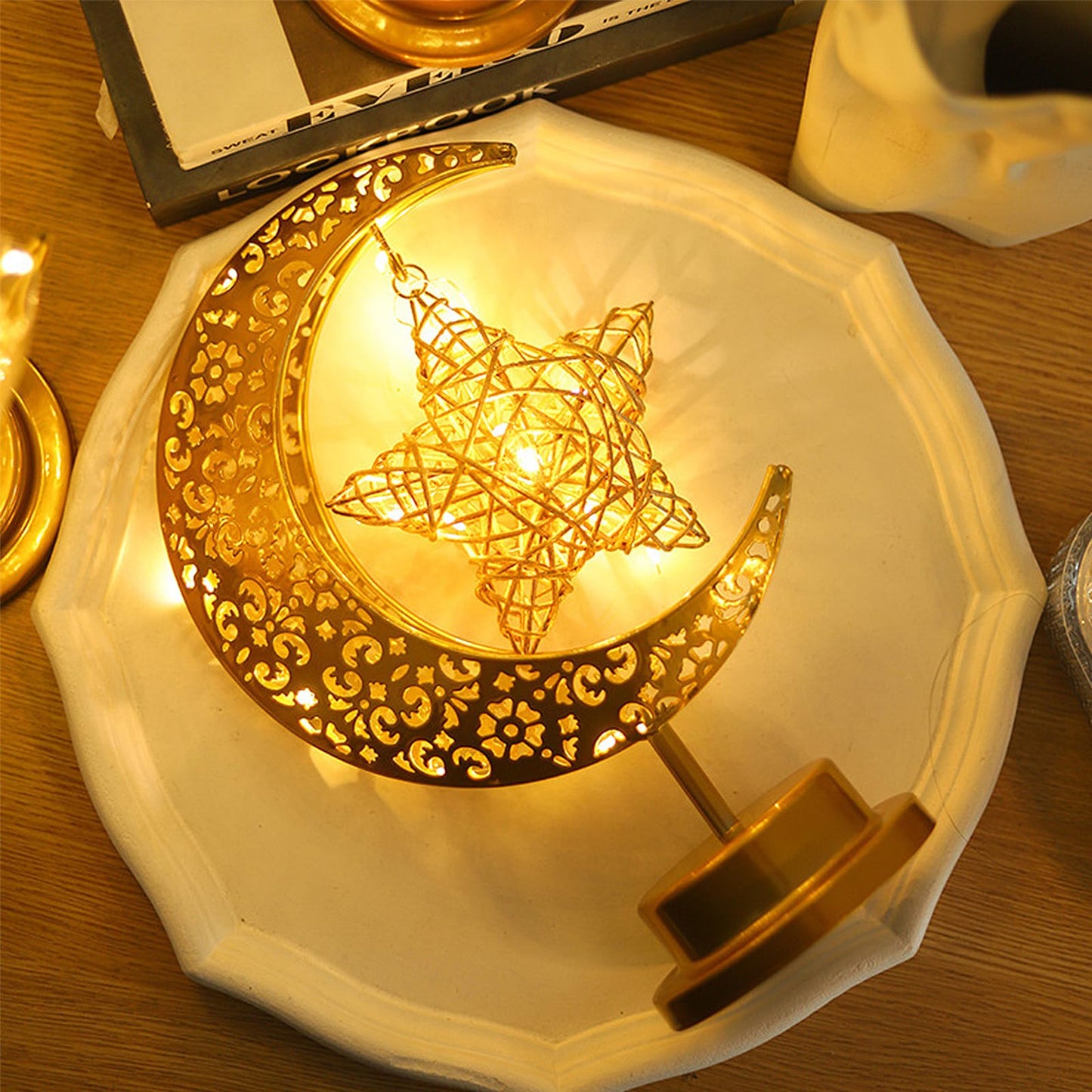 GOUTOOL Art Deco Table Lamp, Rattan Star LED Night Light, Moon Lamp with Cordless Design, Home Decor Gift for Living Room, Office, Holiday