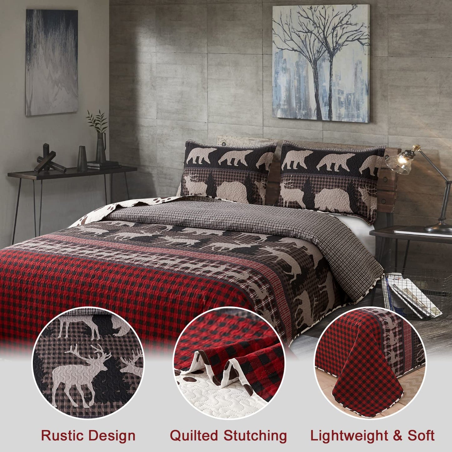 Queen Size Quilt Set Lodge Rustic Quilt Bedding Set Queen Size Bedspread Coverlet Lightweight Reversible Home Quilt Red Black Buffalo Plaid Quilt Bed Spread Country Cabin Forest Moose Bear Bedding