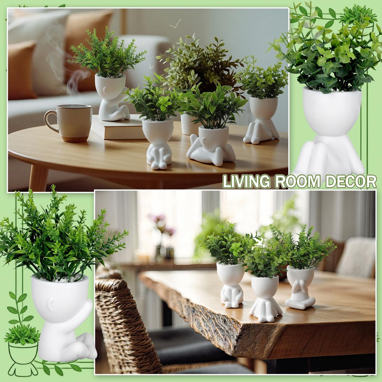 Tigeen 4 Packs Creative Fake Plants in Playful Human Shaped Pots Vase Cute Desk Decor Mini Artificial Greenery Positive Office Gifts Small Fake Plants for Desk Shelves Tabletop Modern Home Decoration