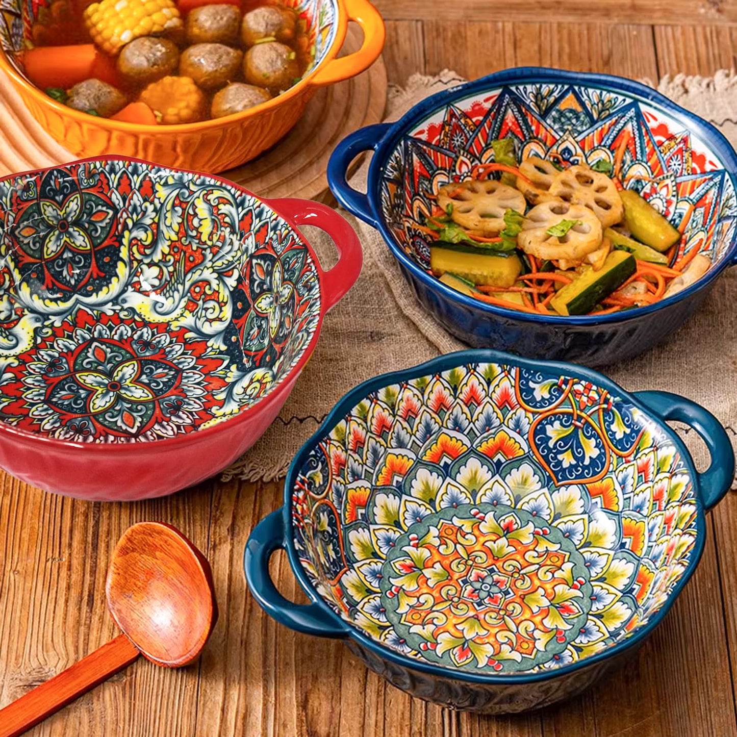 Ronanemon Bohemia Large Bowls with Handle, 40 oz Ceramic Soup Bowl for Salad, Pasta, Cereal,Fruit, Udon, Microwave & Dishwasher Safe (Blue)
