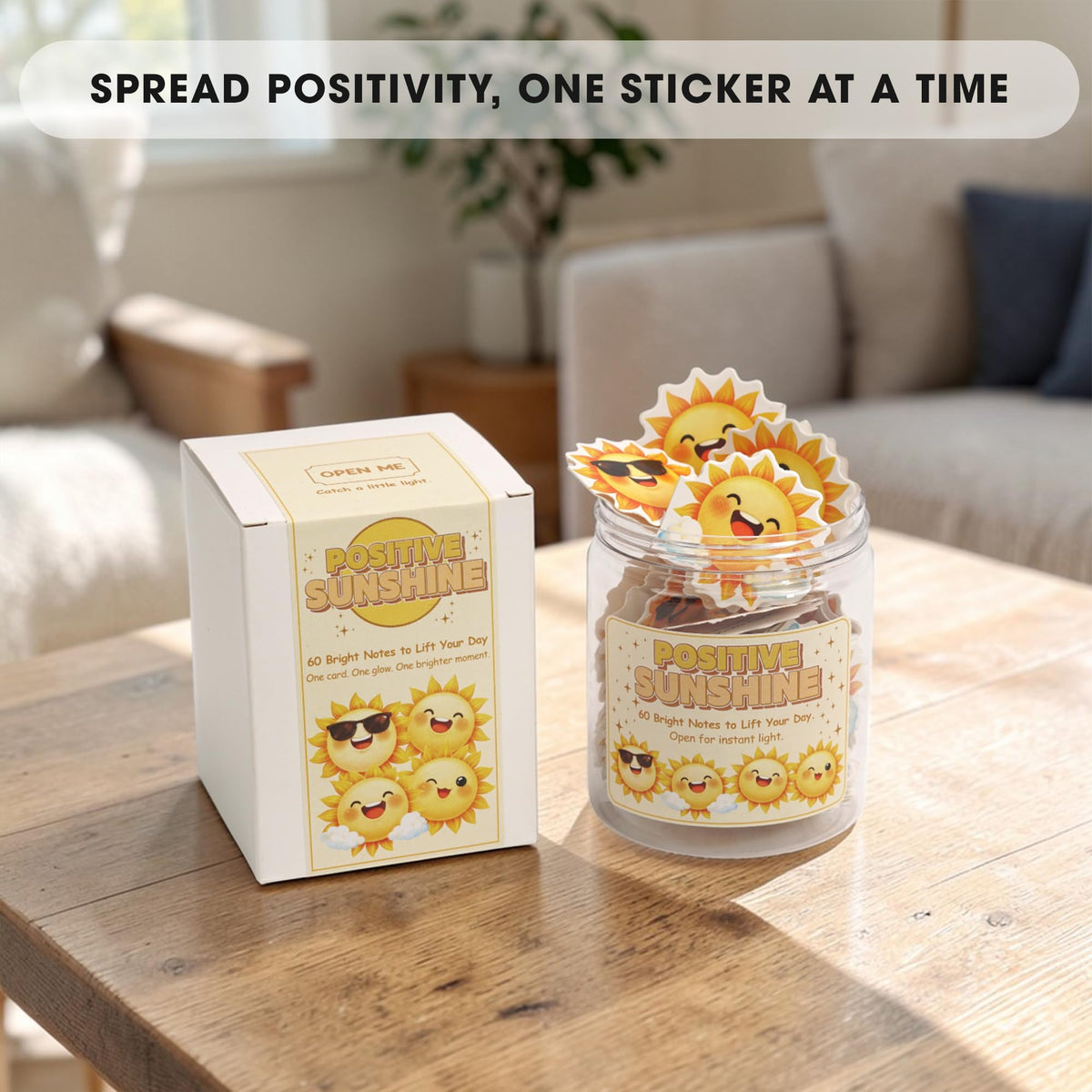 Positive Sunshine Jar – 60 Affirmation Cards for Emotional Support, Yellow Sunshine Gift for Women, Motivational & Uplifting Positivity for Coworkers, Friends, Boyfriend, Girlfriend & Teen Girls