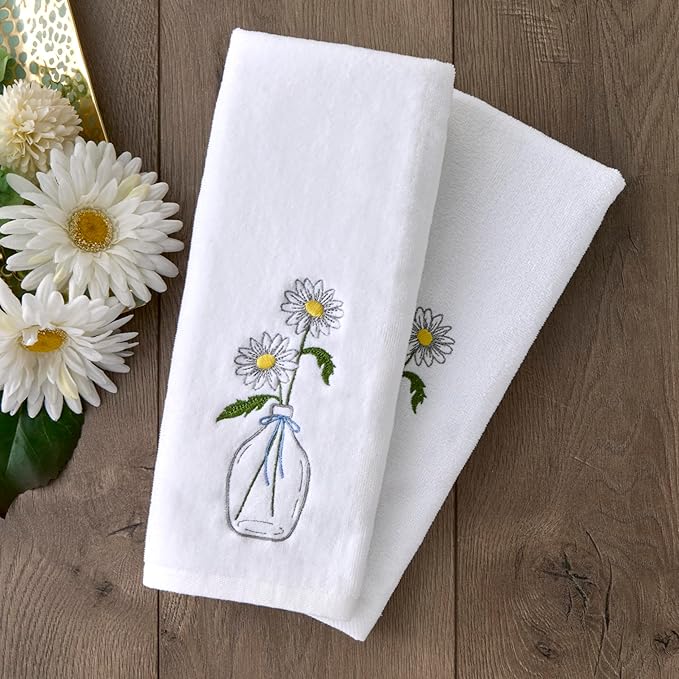 SKL Home Daisies in Vase 100% Cotton Embroidered 2pc Hand Towel Set, Decorative