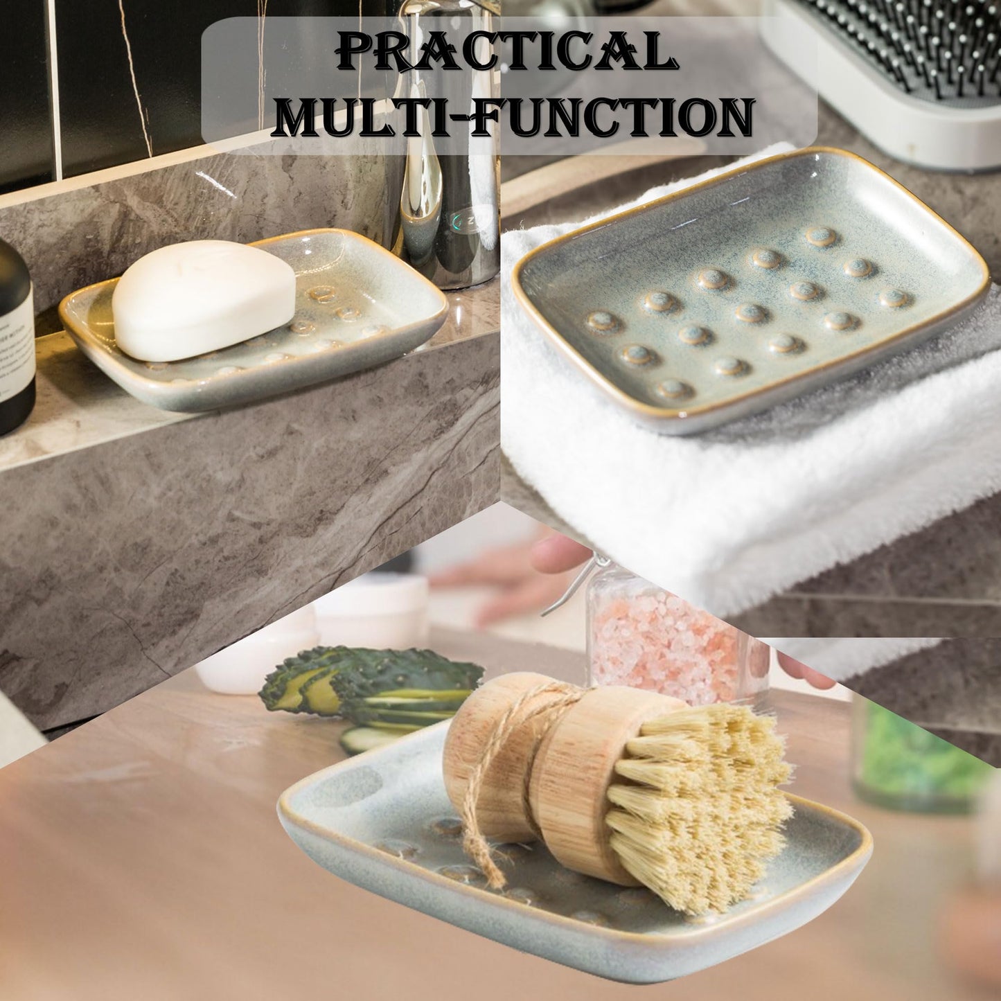 Soap Dish for Shower, Ceramic Soap Dish for Large Soap Bars, Non-Slip Soap Holder & Saver Tray with Floating Point Design for Bathroom, Shower, Kitchen Sink, Save Soap Loss