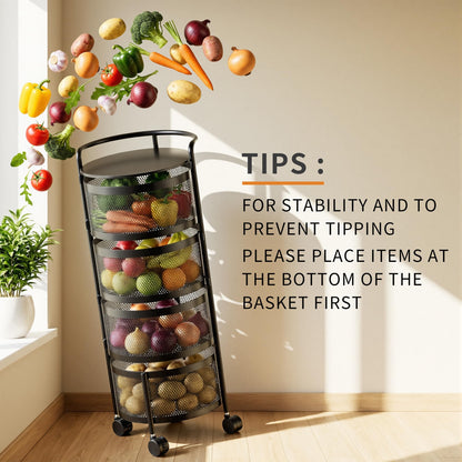 JAQ No Assembly Kitchen Storage Cart with Wheels, 4-Tier Rotating Vegetable & Onion Storage Rack, Metal Produce Organizer for Potato, Fruit and Pantry, Black