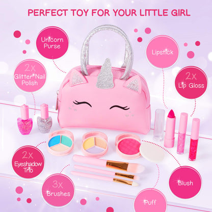 Kids Real Makeup Kit with Pink Unicorn Purse, Non Toxic Washable Make Up Set - Unicorn Toys for Girls Age 4-6, 5 Year Old Girl Birthday Gift Ideas, Toddler Little Girl Gifts 3 4 5 6 7 8 9 10 Years Old