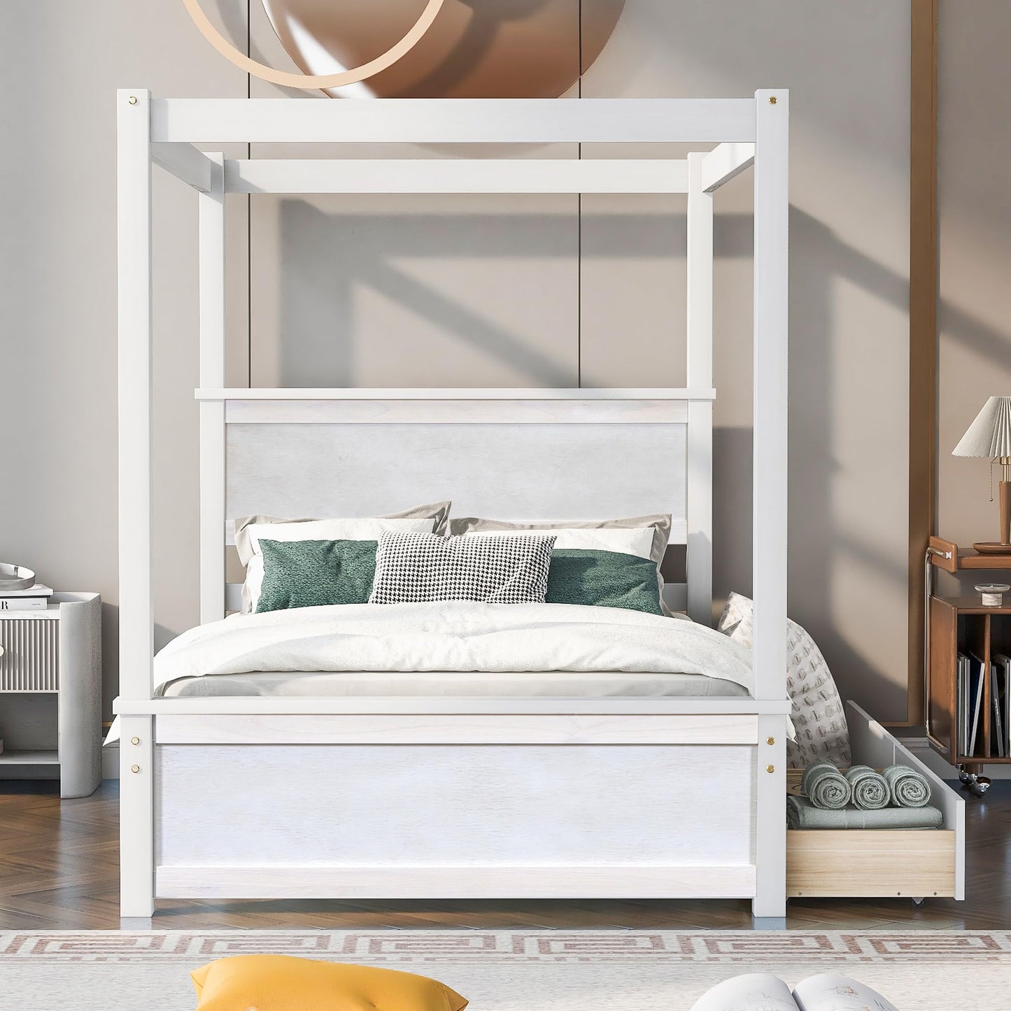 Merax Full Size Canopy Platform Bed with 2 Drawers, Wooden Bed Frame with Support Slats, No Box Spring Needed, Brushed White