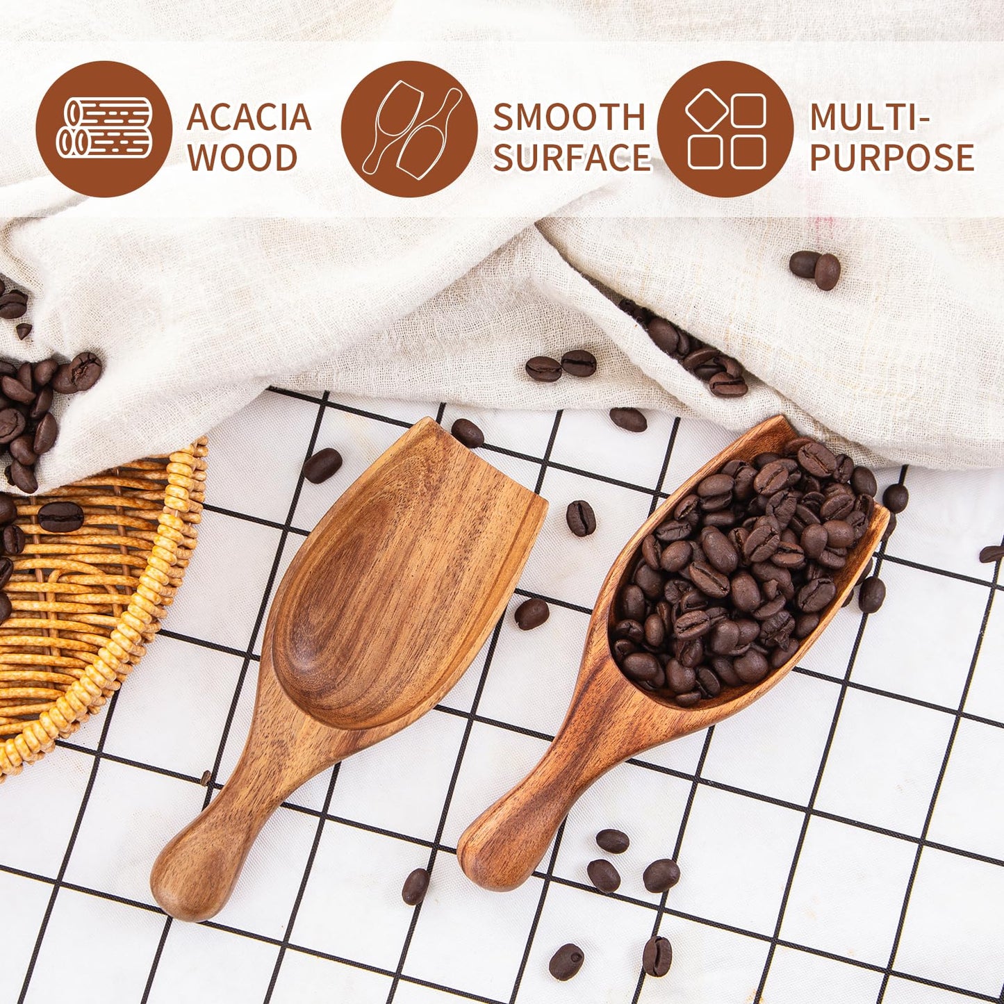 GinSent Wood Coffee Scoop-2 Pieces Large Measuring Spoons for Ground Coffee,Tea,Sugar,Seasoning-Multipurpose Wooden Scoop for Jars,Canisters,Bath Salts,Laundry Detergent(Acacia Wood)