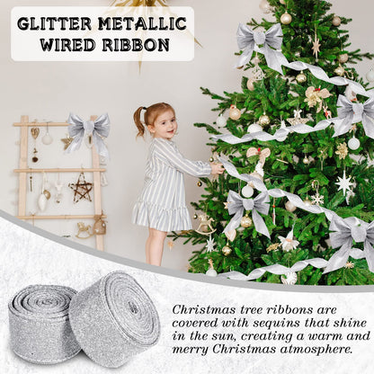 Juinte Christmas Wired Ribbon - 2 Roll 20 Yards Glitter Tree Ribbon, Thick Metallic Gift Wrapping for Wreath, Garland, Party DIY Crafts Decorations (1.5 Inch, Silver)