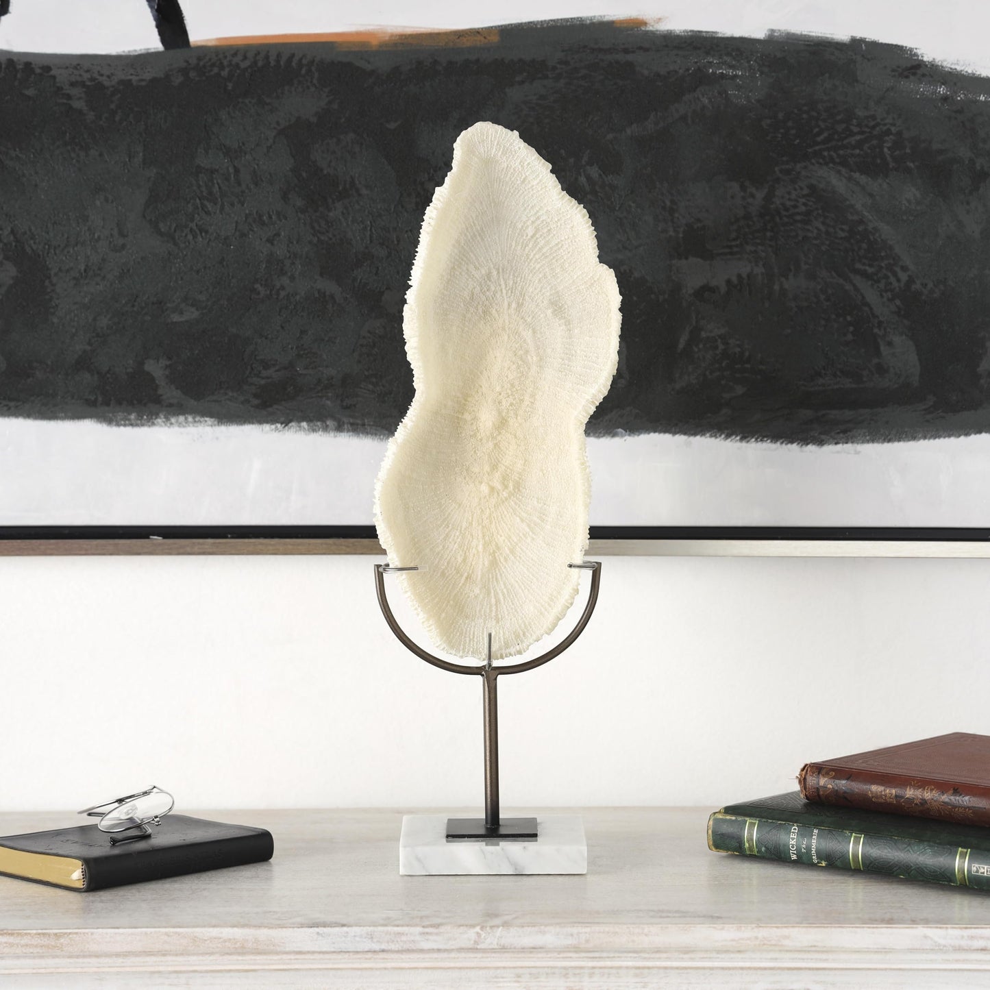 Deco 79 Polystone Coral Decorative Sculpture Abstract Textured Home Decor Statue with Gray Stand and Acrylic Base, Accent Figurine 7" x 5" x 19", Cream