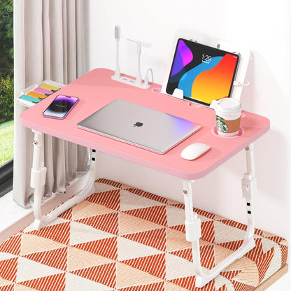 DECOSIS Bed Desk Height Adjustable, Bed Laptop Table with USB/Storage Drawer/Cup Holder/Tablet Stand/Book Shelf, Foldable Breakfast Tray Portable for Reading Writing, Bed, Sofa & Floor, Wood, Pink