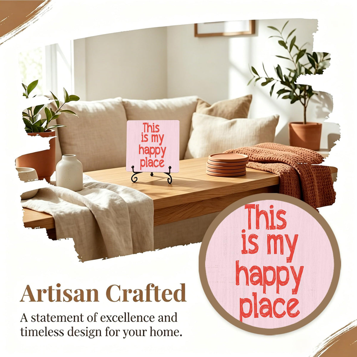 This Is My Happy Place Wooden Sign With Stand, Home Farmhouse Desk Table Decor, Inspirational Plaque Gifts For Friend Family Colleague, Motivational Office Desk Decor For Shelf, 02