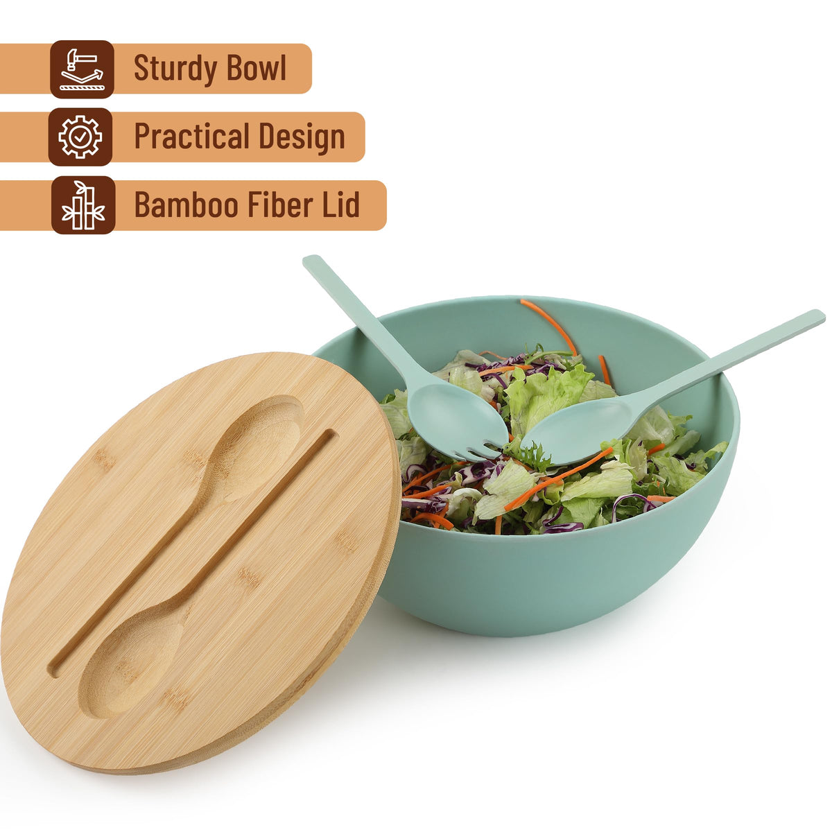 BAMBOO LAND- Extra Large Salad Bowl with Wooden Lid, 11.4 Inch/177 Oz, Mint Green, Bamboo Fiber Salad Bowl with Serving Utensils, Wide Applications