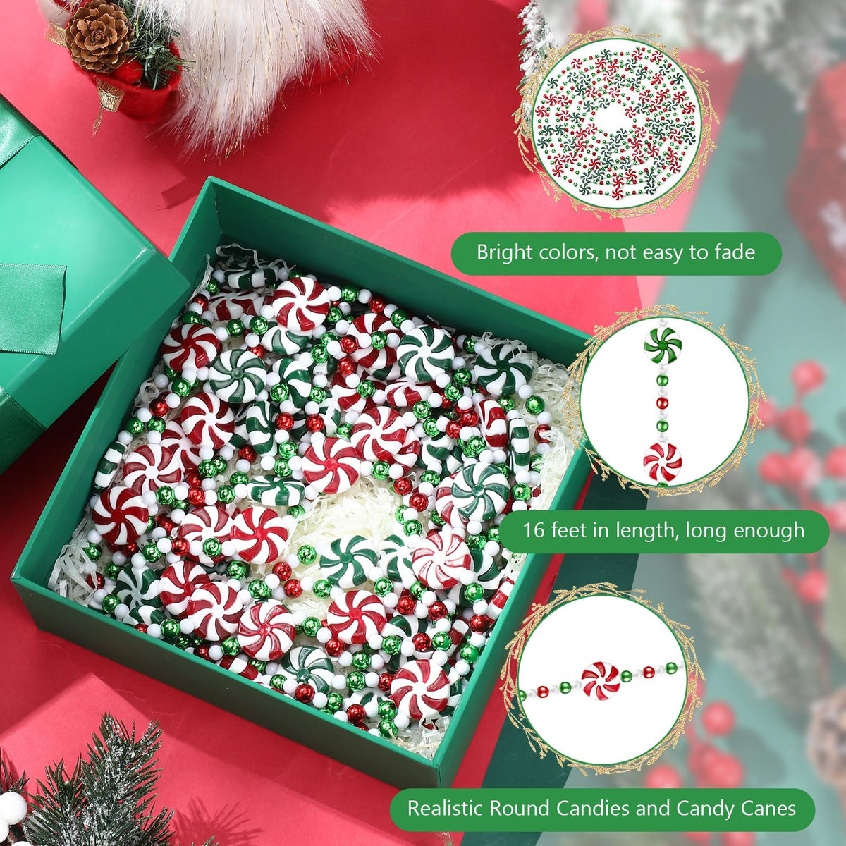 LCPQMZGH 24 feet Peppermint Garland Christmas Tree Bead Garland for Xmas Party Supplies Holiday Favors Ornaments