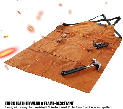 QeeLink Leather Welding Work Shop Apron with 6 Tool Pockets, Heat & Flame Resistant Cowhide Heavy Duty Blacksmith Apron, 24" x 36", Adjustable M to XXXL for Men & Women (Brown)