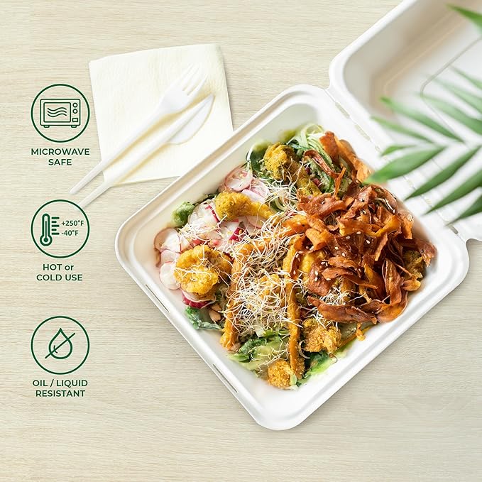 Freshware Compostable 9x9" Clamshell Take Out Food Containers