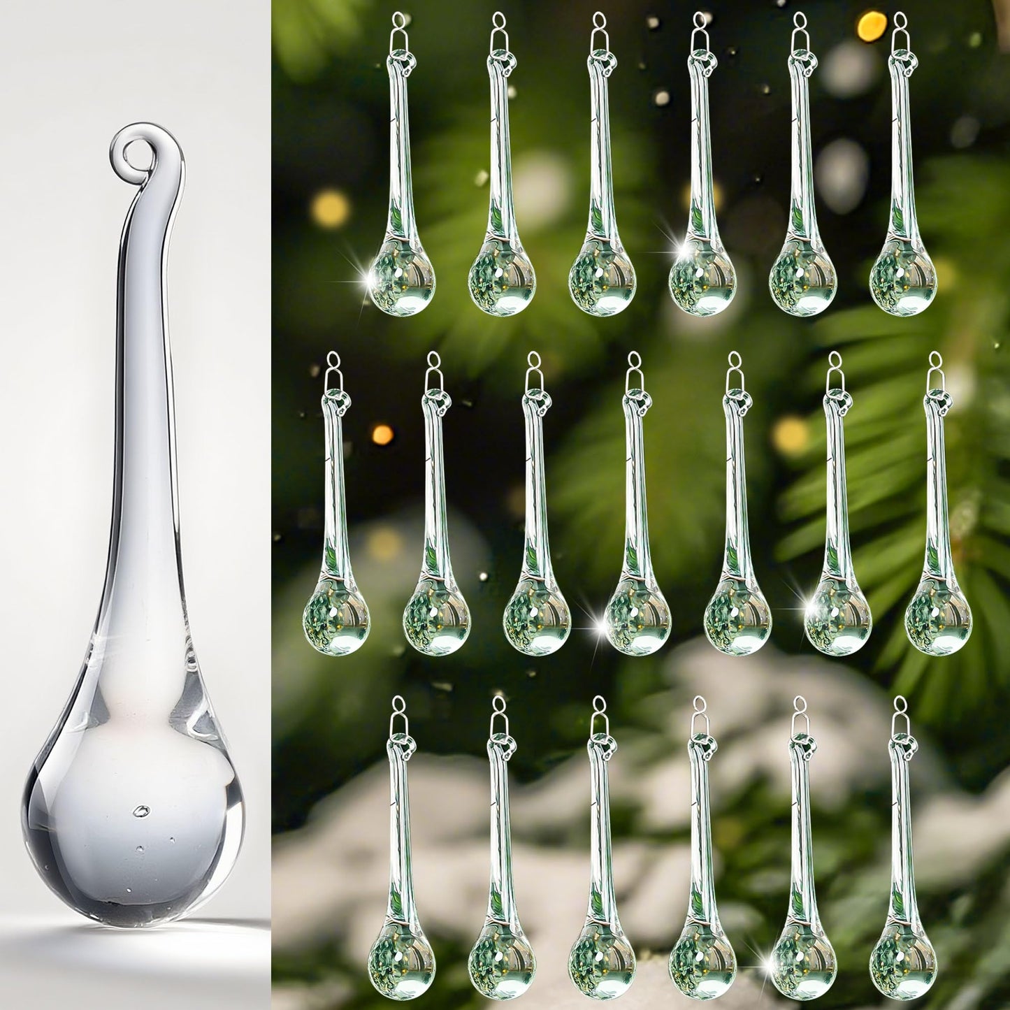 kanpura 20pcs Glass Raindrop Ornaments Glass Teardrop Hanging Ornaments Clear Chandelier Drop Pendant Decorations for Christmas Tree Winter Party Supplies (3 Inch)