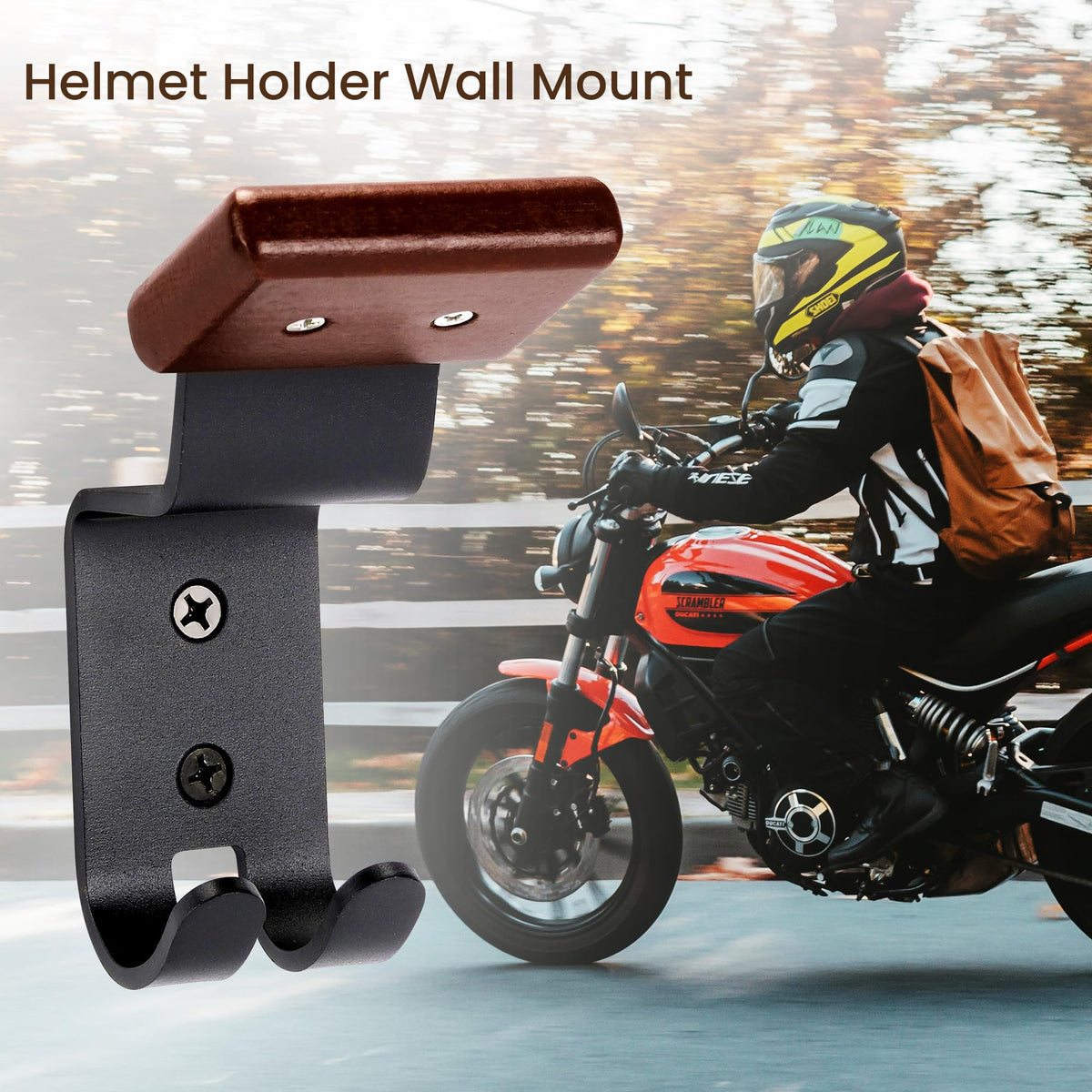 TOKCKYBL Motorcycle Helmet Holder Wall Mount - Solid Wood & Steel Gear Organizer Rack with 2 Hooks, Heavy Duty Display Hanger for Helmets, Football Gear, Ski Equipment, Hats, Jackets - 2 Pcs