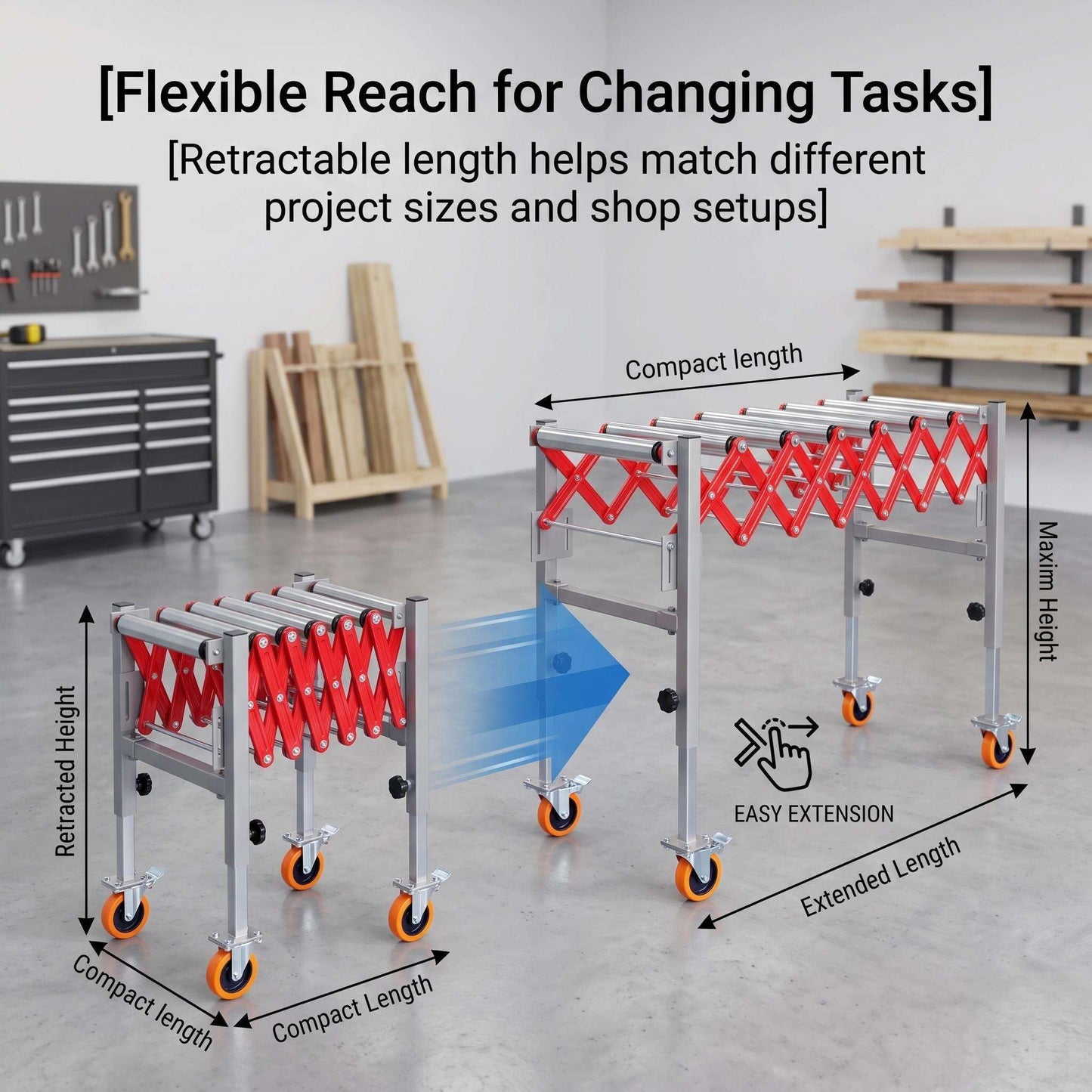 Expandable Roller Conveyor for Warehouse Packing, Adjustable Height 27.5''-43'' with Wheels, 13.7''-47'' Retractable Length, 600 lbs Capacity Roller Conveyor and Roller Conveyor Transfer Stand